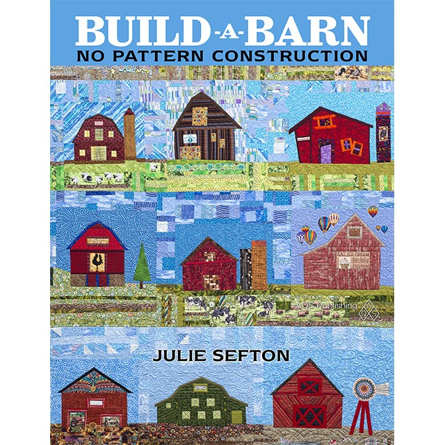 book cover with various colored barns on a blue background